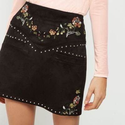 Black embroidered floral and stud mini skirt